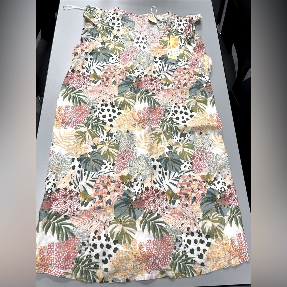 C and C California Dress Womens M Floral Ruffle Cap Sleeve V Neck Linen Boho NWT